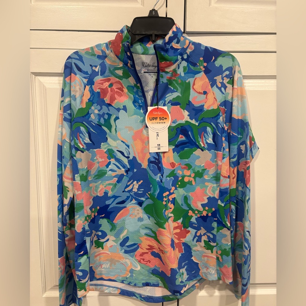 NWT Walter Hagen Blue Gouache Floral P11 Performance UV Protection Quarter Zip - Picture 9 of 9